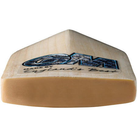Close-up of the flat, wide toe of a Gunn & Moore Diamond DXM Junior Cricket Bat 2026 made from English willow, featuring protective covering and a sticker that reads GM.