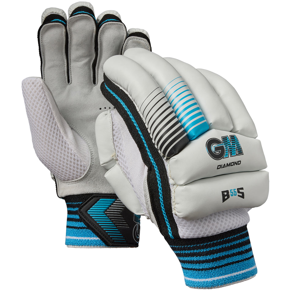 The Gunn & Moore Diamond Batting Gloves 2026 are white cricket gloves with black, blue, and grey accents, padded back protection, mesh panels for breathability, and wrist straps—ideal entry-level batting gloves from Gunn & Moore.