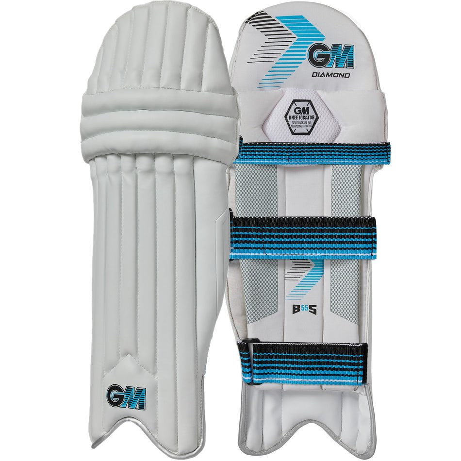 A pair of Gunn & Moore Diamond Batting Pads 2026 in white with blue and black accents, shown front and back with padded straps and GM branding—ideal entry-level cricket pads for beginners.