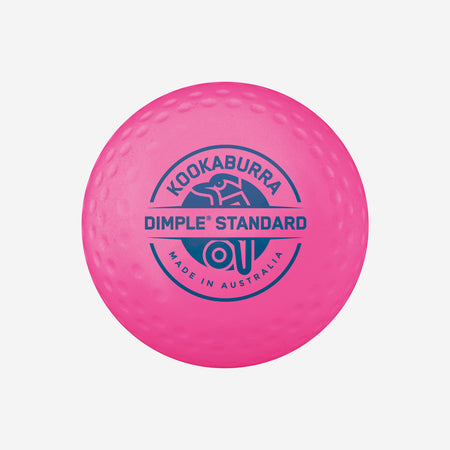 The Kookaburra Dimple Standard Hockey Ball is a pink ball with a textured surface, featuring the brand logo and "Kookaburra Dimple Standard Made in Australia" text.