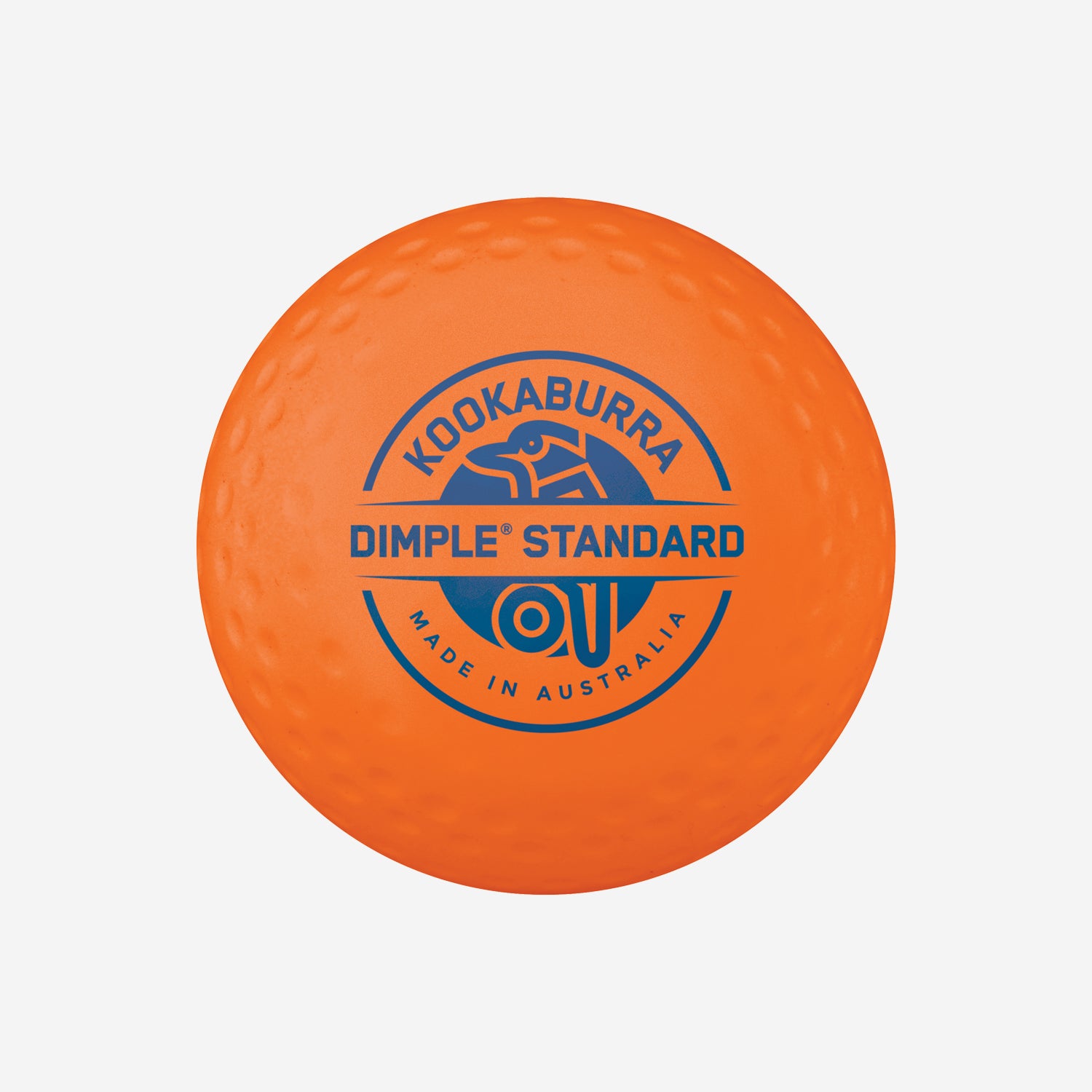 The Kookaburra Dimple Standard Hockey Ball is an orange sports ball with an abstract blue bird logo, FIH 'National Elite', and Made in Australia, all precisely centered on the ball.