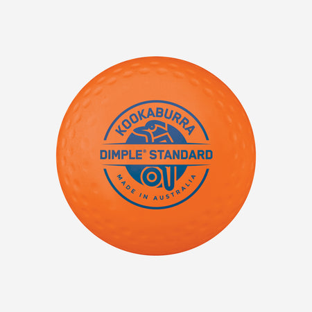 The Kookaburra Dimple Standard Hockey Ball is an orange sports ball with an abstract blue bird logo, FIH 'National Elite', and Made in Australia, all precisely centered on the ball.