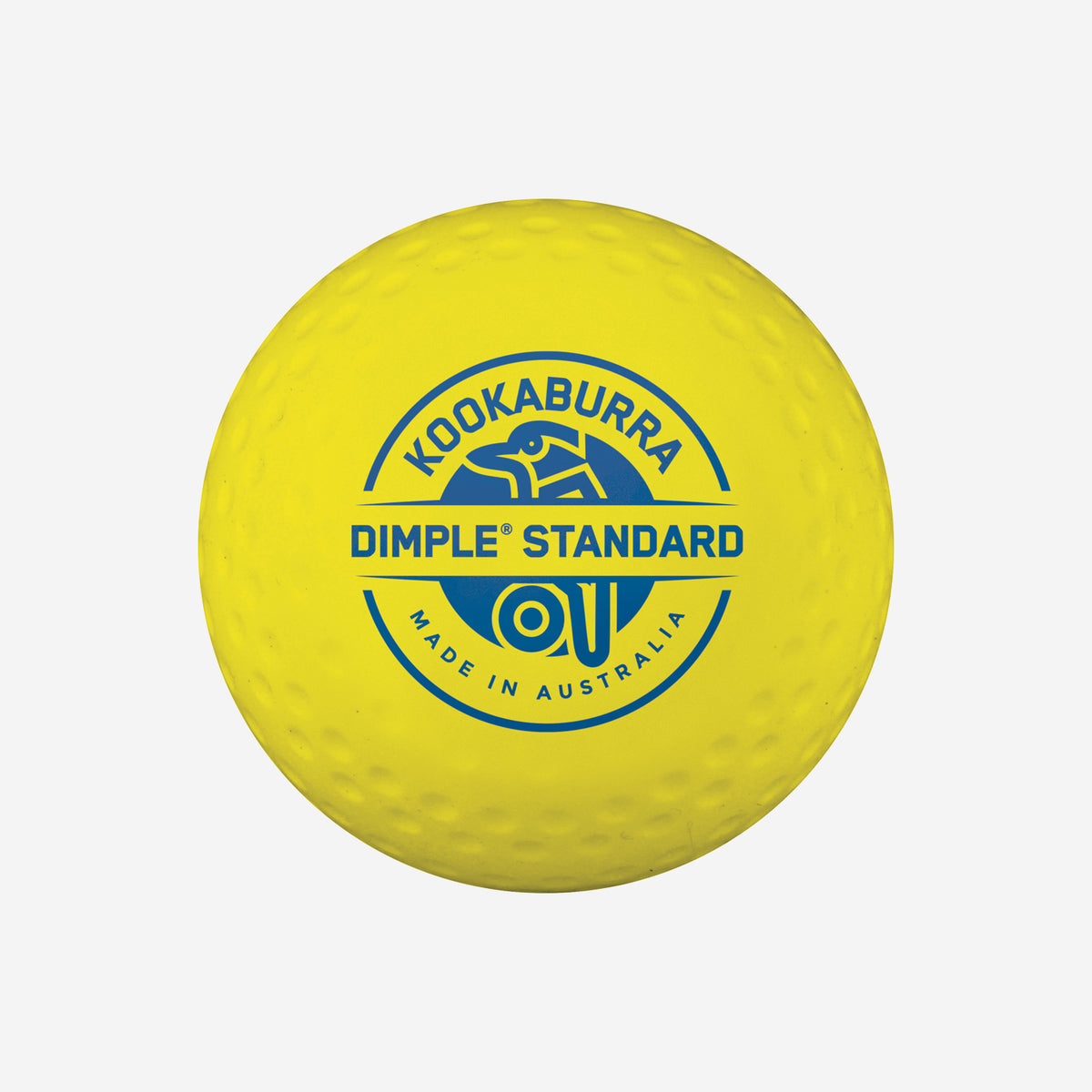 The Kookaburra Dimple Standard Hockey Ball is a yellow ball with the blue Kookaburra logo and "Dimple Standard hockey ball Made in Australia" text, approved for FIH 'National Elite' competitions.