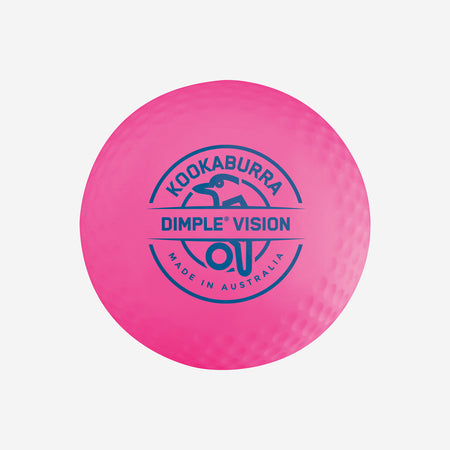 The Kookaburra Dimple Vision Hockey Ball features a bright pink color and dimpled texture, making it an eye-catching club hockey ball for every game.