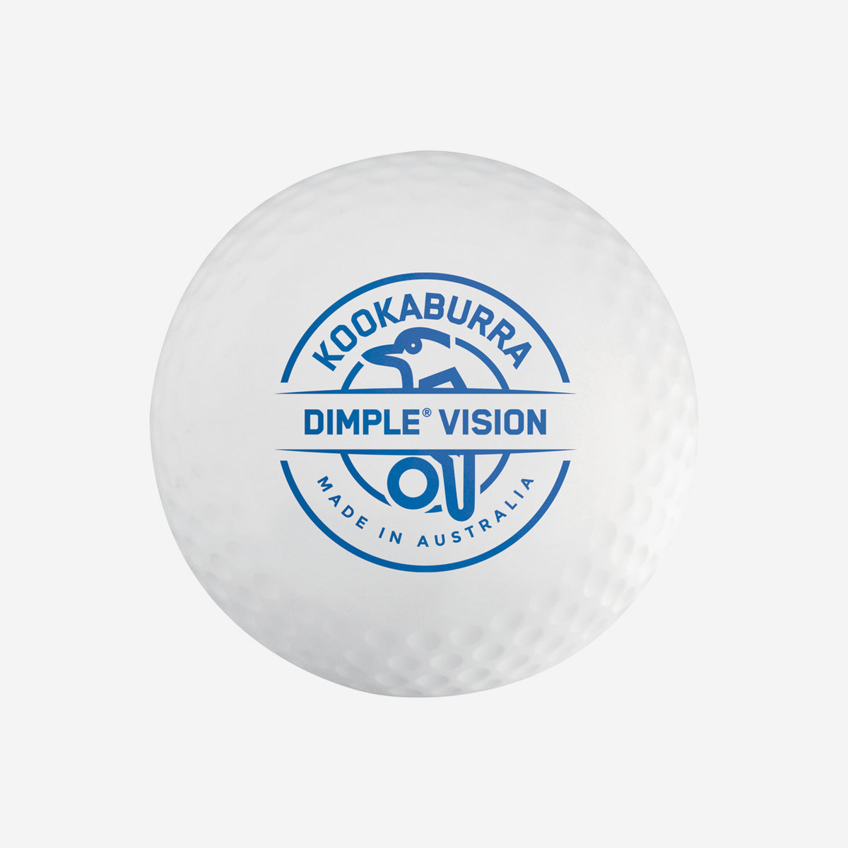 The Kookaburra Dimple Vision Hockey Ball is a white ball featuring the blue Kookaburra logo with a bird outline, Made in Australia, and has a dimpled surface characteristic of the Dimple Vision range.