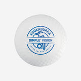 The Kookaburra Dimple Vision Hockey Ball is a white ball featuring the blue Kookaburra logo with a bird outline, Made in Australia, and has a dimpled surface characteristic of the Dimple Vision range.