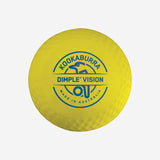A yellow Kookaburra Dimple Vision Hockey Ball with a dimpled surface and blue Kookaburra branding.