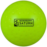 The Kookaburra Dimple Saturn Hockey Ball is a lime training ball with a dimpled surface, featuring the brand name and "Made in England" printed in black on one side.