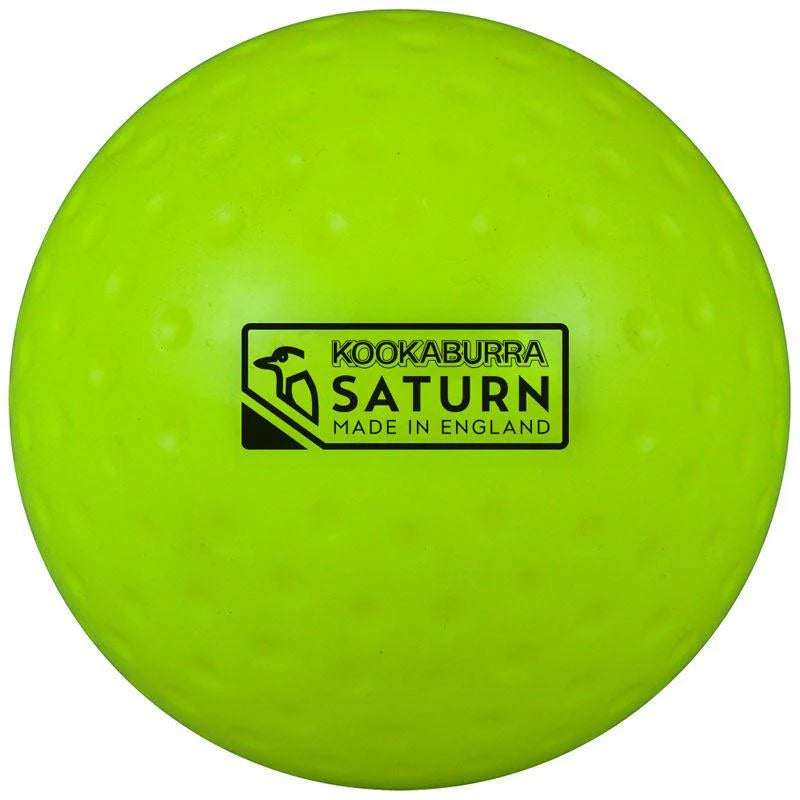 The Kookaburra Dimple Saturn Hockey Ball is a lime training ball with a dimpled surface, featuring the brand name and "Made in England" printed in black on one side.