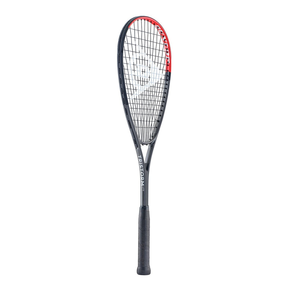 The Dunlop Tristorm Lite TI Squash Racket from Dunlop is a black beginner racket with a durable aluminium frame, red accent at the top, white strings, and black grip handle, shown upright against a white background.