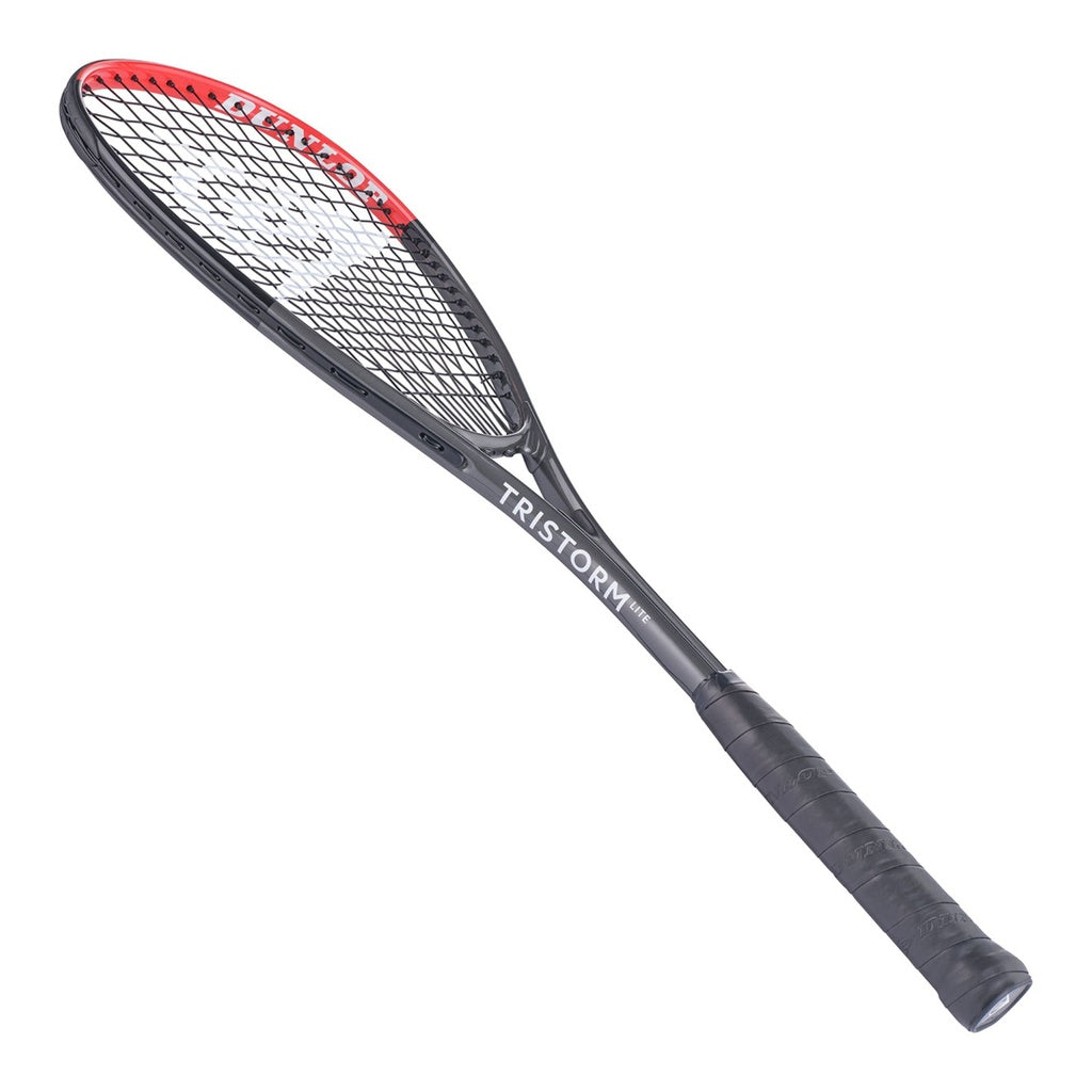 The Dunlop Tristorm Lite TI Squash Racket features a durable aluminium frame, black grip, and red accent on the head. "Dunlop" appears on the head and "Tristorm" on the shaft, making it ideal for beginners.