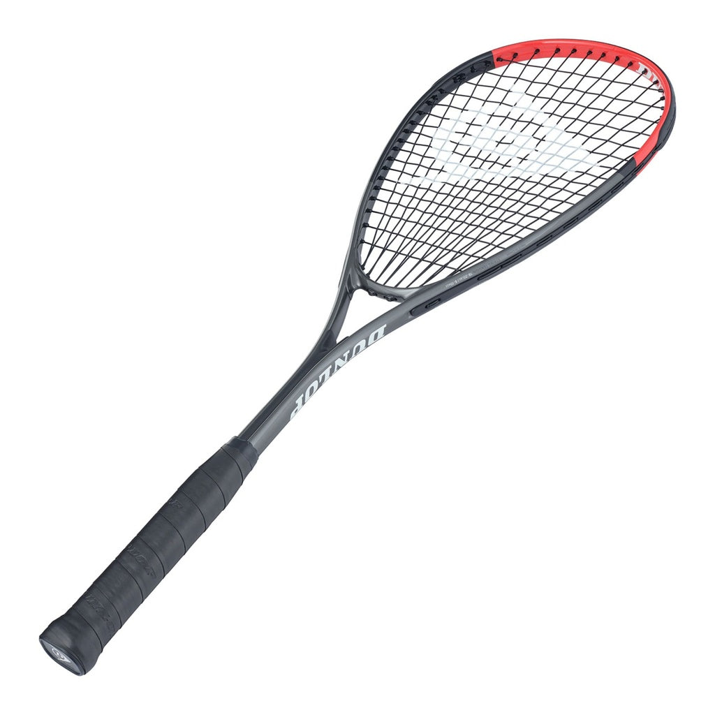 The Dunlop Tristorm Lite TI Squash Racket by Dunlop features a black and red aluminium frame with a wrapped handle, shown angled diagonally on a white background.