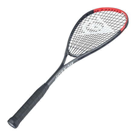The Dunlop Tristorm Lite TI Squash Racket by Dunlop features a black and red aluminium frame with a wrapped handle, shown angled diagonally on a white background.