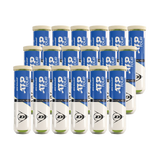 Eighteen Dunlop ATP Tour (4 Ball Tube) cans, arranged in three rows, each with blue and white Dunlop branding for tour-level performance.