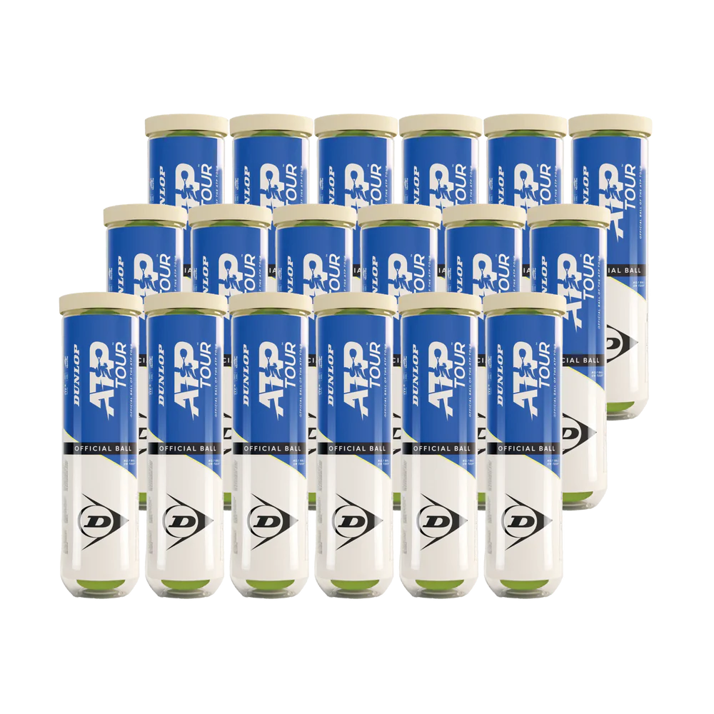 Eighteen Dunlop ATP Tour (4 Ball Tube) cans, arranged in three rows, each with blue and white Dunlop branding for tour-level performance.