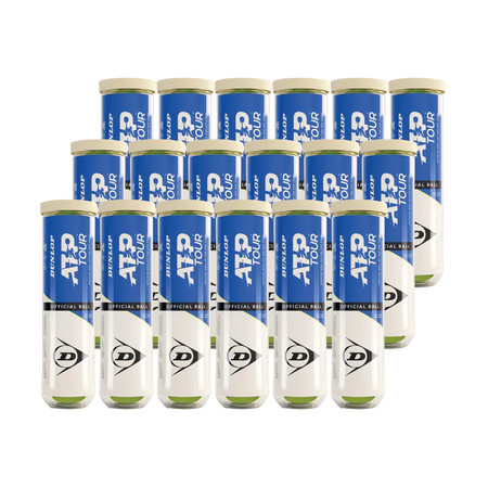 Eighteen Dunlop ATP Tour (4 Ball Tube) cans, arranged in three rows, each with blue and white Dunlop branding for tour-level performance.