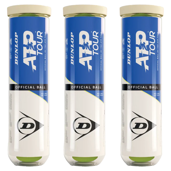 Three Dunlop ATP Tour tubes, each containing four professional tennis balls with blue and white packaging, feature the Dunlop logo, "Official Ball" text, and are designed for tour-level performance.