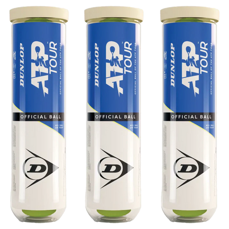 Three Dunlop ATP Tour tubes, each containing four professional tennis balls with blue and white packaging, feature the Dunlop logo, "Official Ball" text, and are designed for tour-level performance.