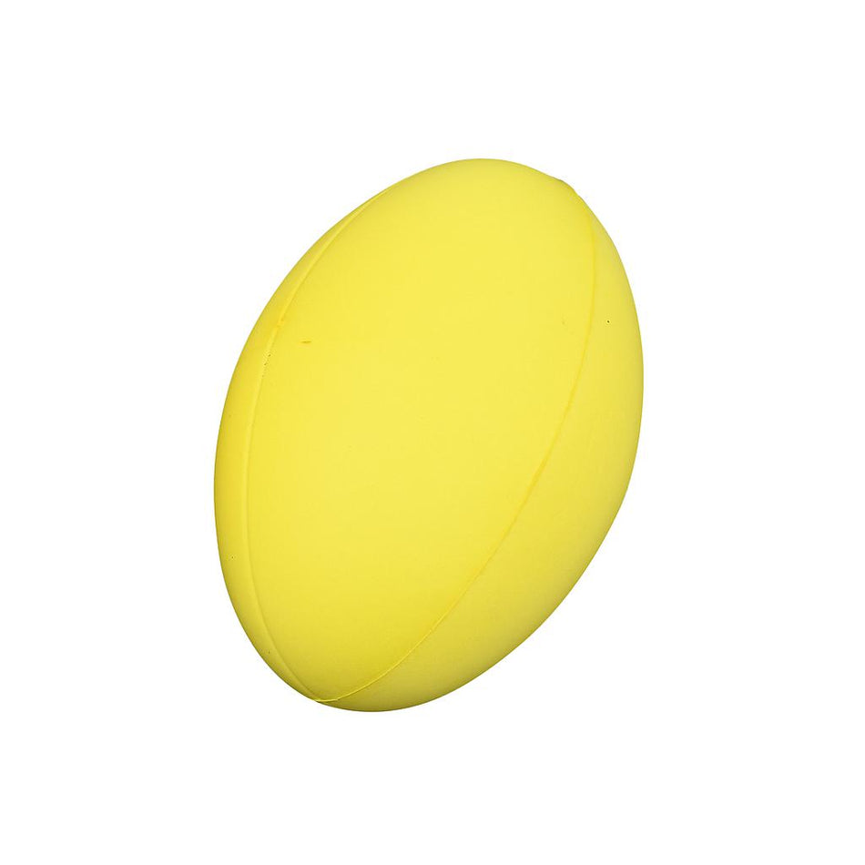 The Reydon Sports Uncoated Foam Rugby Ball is a yellow, oval-shaped foam ball resembling a rugby or American football, displayed on a white background.