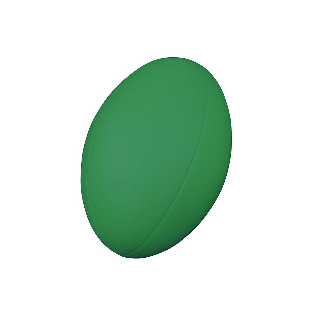 A Reydon Sports Coated Foam Rugby Ball in green, size 3, with a smooth surface is displayed on a white background.