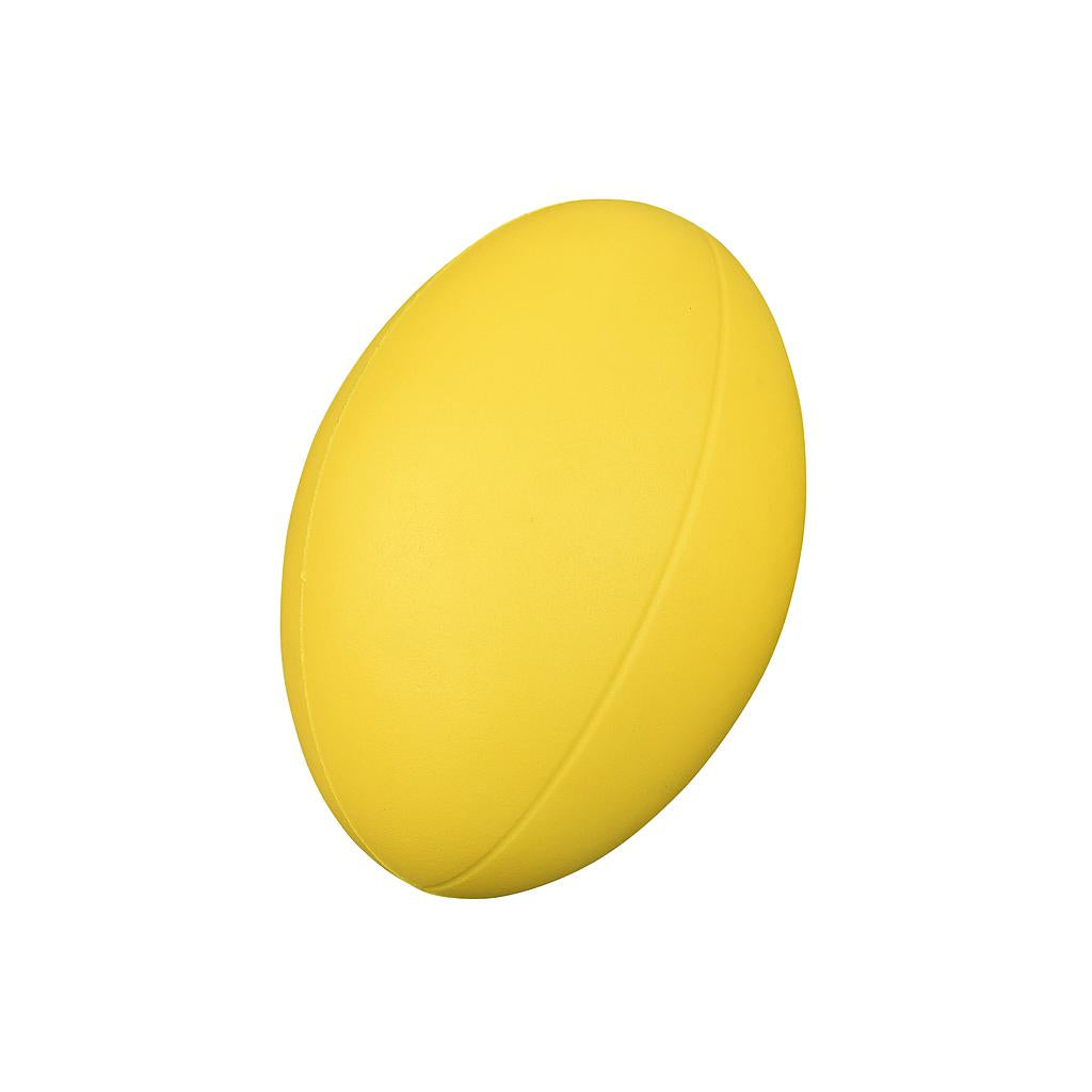 A yellow, oval-shaped Reydon Sports Coated Foam Rugby Ball, size 3, resembling a rugby or American football, is shown against a plain white background.