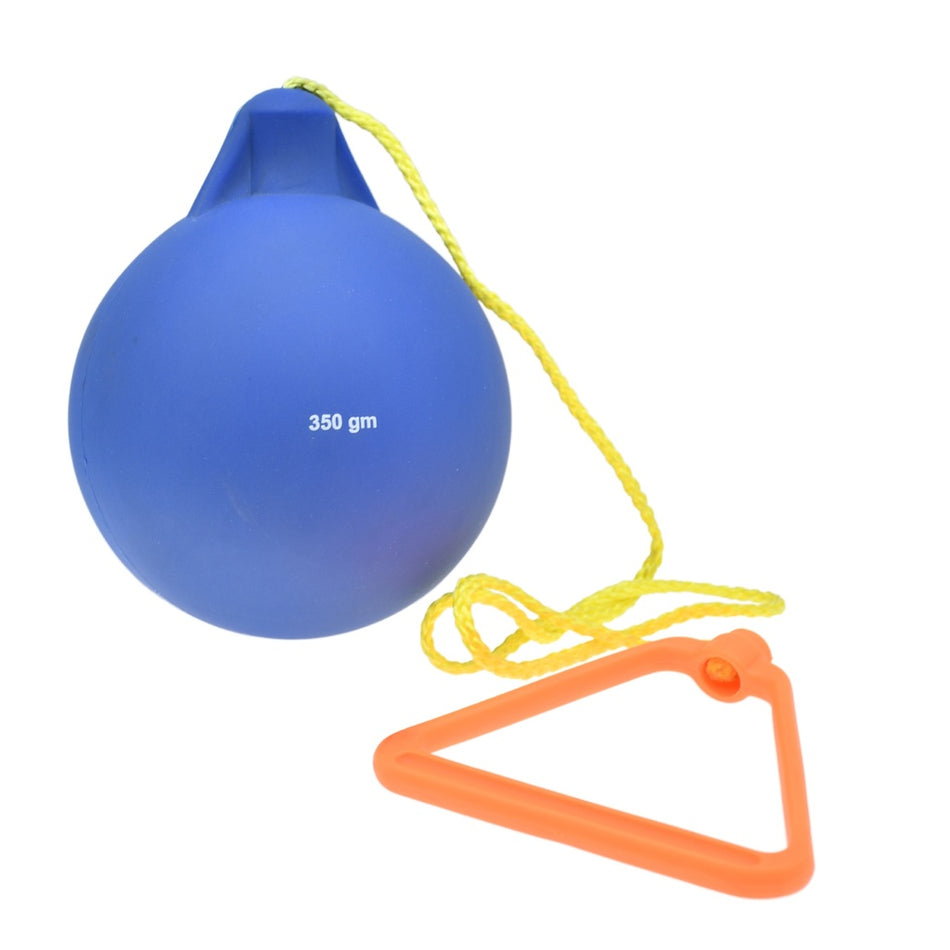 The Reydon Sports Elementary Hammer is a 350g blue rubber ball with a yellow rope and orange plastic triangle handle—perfect for beginners practicing hammer throwing.