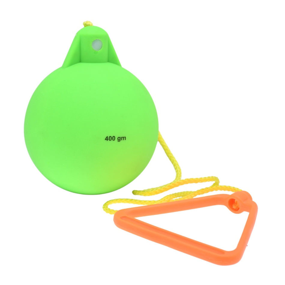 The Reydon Sports Elementary Hammer features a bright green plastic 400 gm ball with a yellow string and an orange triangular handle, shown isolated on a white background.