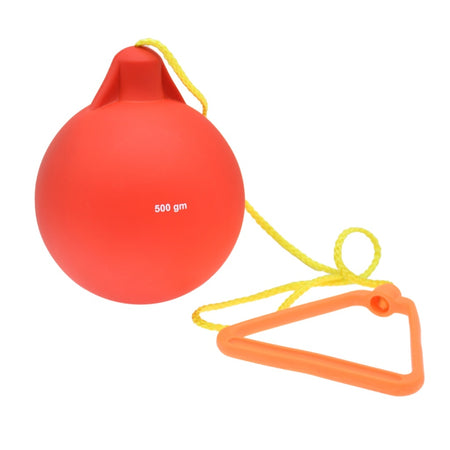 The Reydon Sports Elementary Hammer is a red, soft vinyl 500g throw ball on a yellow cord with an orange triangular handle—ideal for elementary practice.