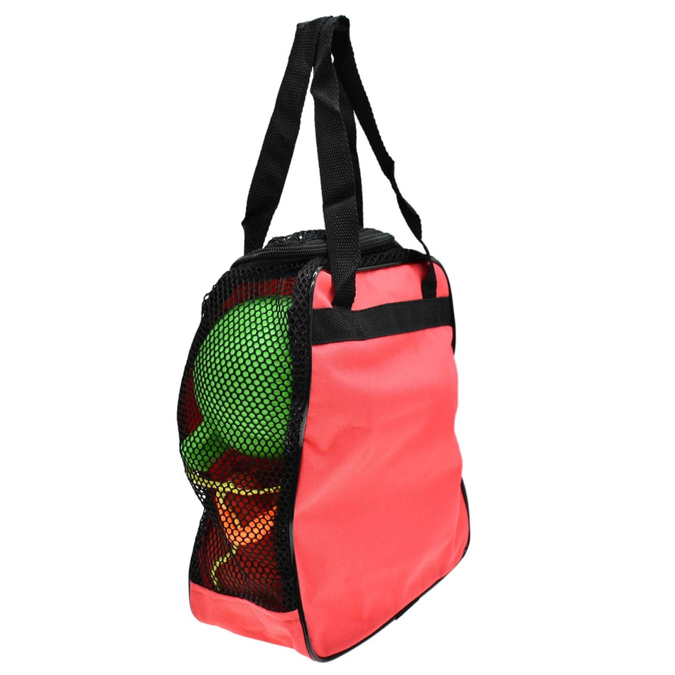 The Reydon Sports Elementary Hammer Carry Bag features pink and black mesh with sturdy black handles, displaying green and orange items through its mesh side, all set against a white background.