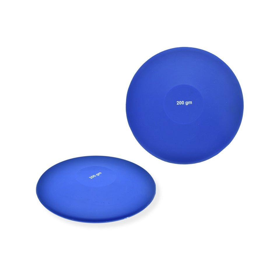 Two blue Reydon Sports Elementary Discus, made of soft PVC and each marked "200 gm" in white at the center, are shown—one flat, one upright—on a white background. Ideal for introductory field event training.