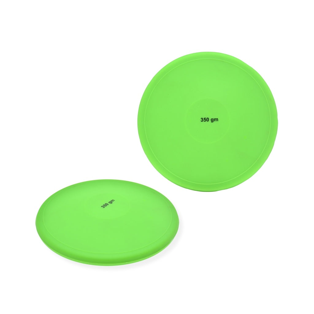 Two vibrant green Reydon Sports Elementary Discus lie on a white background. Each lightweight 350 gm Soft PVC discus, one flat and one upright, is perfect for introductory field events.