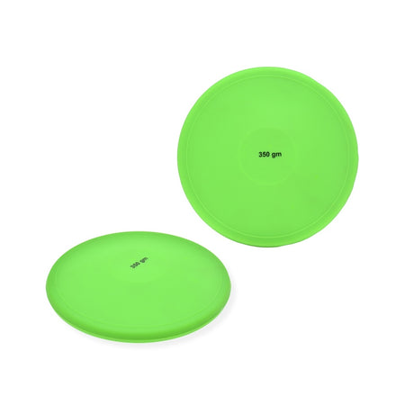 Two vibrant green Reydon Sports Elementary Discus lie on a white background. Each lightweight 350 gm Soft PVC discus, one flat and one upright, is perfect for introductory field events.