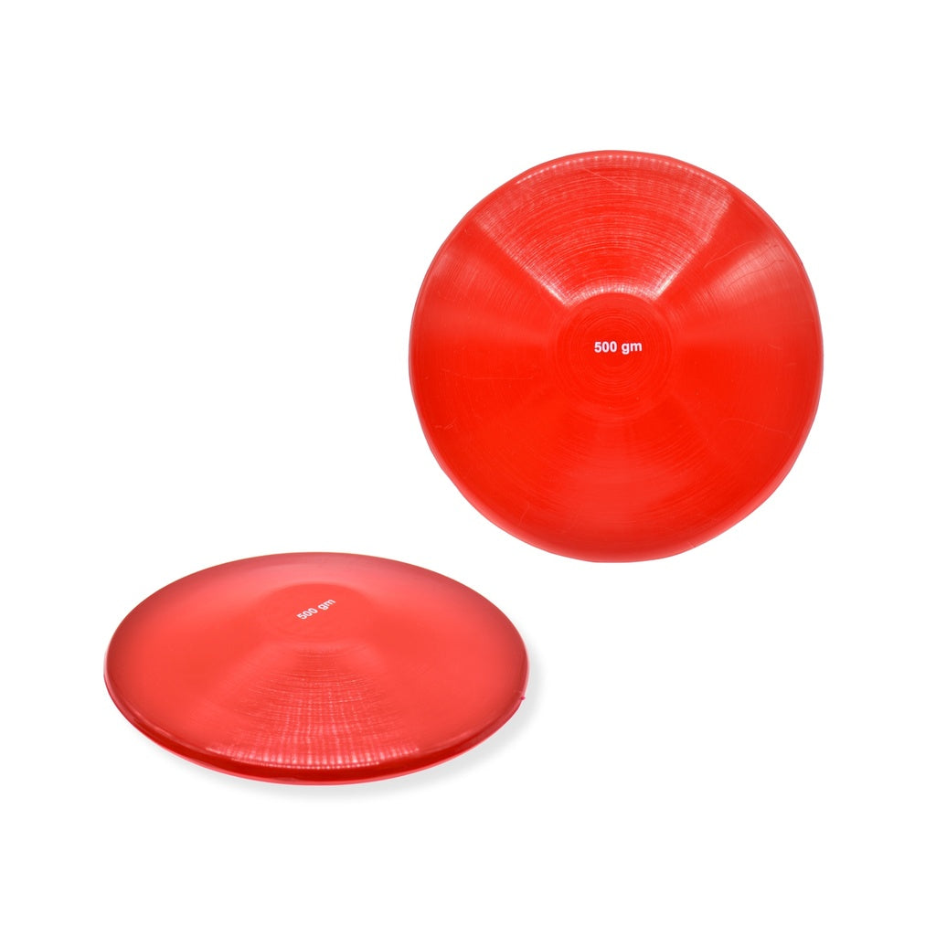 Two red plastic Reydon Sports Elementary Discus products are shown from different angles on a white background. The top of one discus shows “500 gm,” indicating its weight.