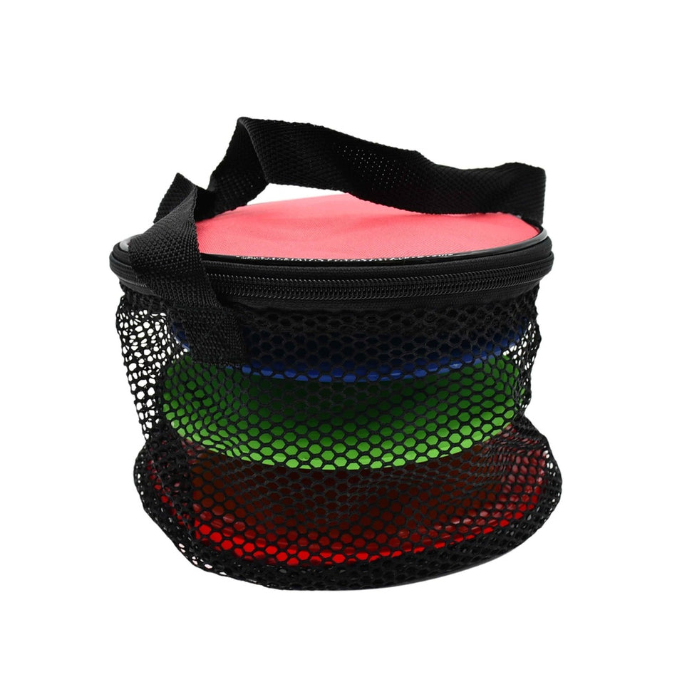 The Reydon Sports Elementary Discus Carry Bag is a heavy-duty mesh bag with a handle and zipper, holding several red, green, and blue flying discs stacked inside.