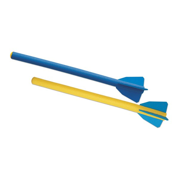 Two Foam 90cm Javelins by Reydon Sports, one blue and one yellow, lie side by side on a white background—perfect lightweight toys to help young learners develop coordination skills.