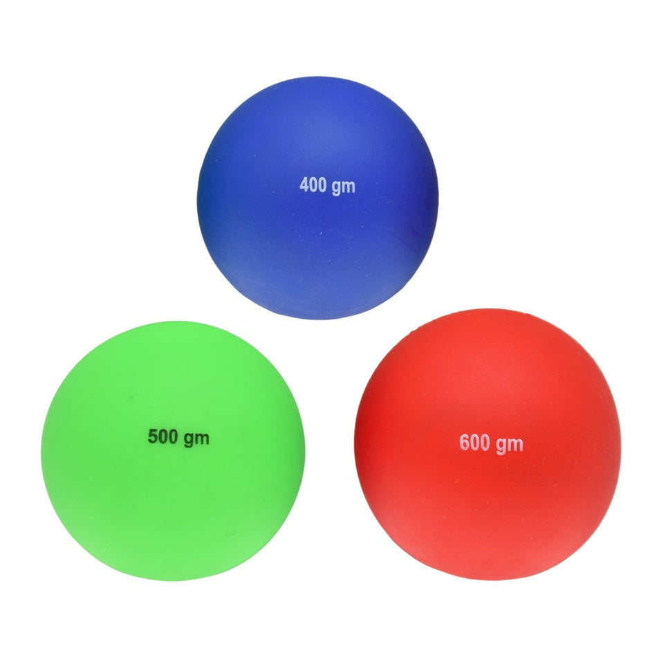 The Reydon Sports Elementary Shotput set features three soft PVC balls—blue (400g), green (500g), and red (600g)—arranged in a triangle on white, ideal beginner shot put options for kids’ training.