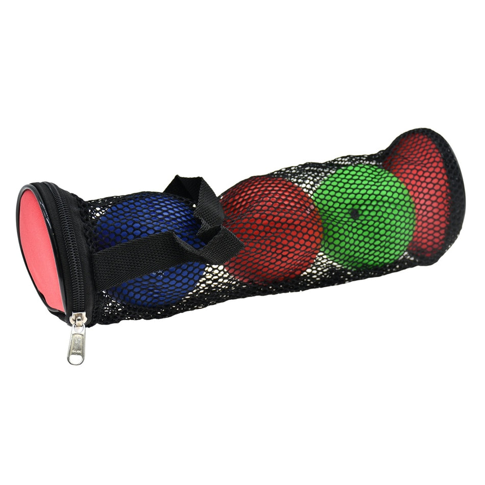 The Reydon Sports Elementary Shotput Carry Bag is a heavy-duty mesh bag with a black strap handle, holding four round disks in red, blue, and green.