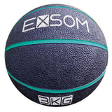 The Exsom Rubber Medicine Ball by Exsom is a textured black ball with teal stripes, perfect for functional training and strength conditioning, featuring "EXSOM" and "BKG" printed in white on its surface.