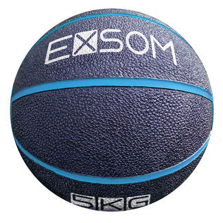 The Exsom Rubber Medicine Ball features a textured dark blue rubber surface, light blue stripes, and 5 KG weight marking—ideal for strength and conditioning or functional training routines.