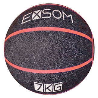 The Exsom Rubber Medicine Ball features a black textured rubber surface with two red stripes, EXSOM branding on top, and 7 KG marking—perfect for strength, conditioning, or functional training routines.