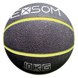The Exsom Rubber Medicine Ball features a black textured rubber surface with two yellow stripes, "10 KG" text, and the Exsom brand at the top—perfect for functional training and strength or conditioning sessions.