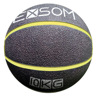 The Exsom Rubber Medicine Ball features a black textured rubber surface with two yellow stripes, "10 KG" text, and the Exsom brand at the top—perfect for functional training and strength or conditioning sessions.