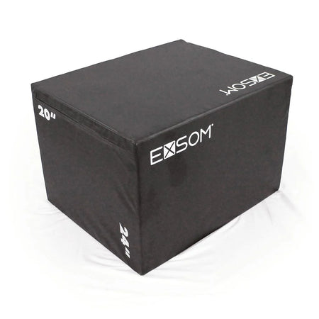 The Exsom Multi Plyobox is a black rectangular box with Exsom branding and white numbers 20 and 24 for adjustable jump heights, shown on a white surface.