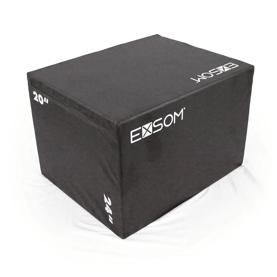 The Exsom Multi Plyobox is a black rectangular box with Exsom branding and white numbers 20 and 24 for adjustable jump heights, shown on a white surface.