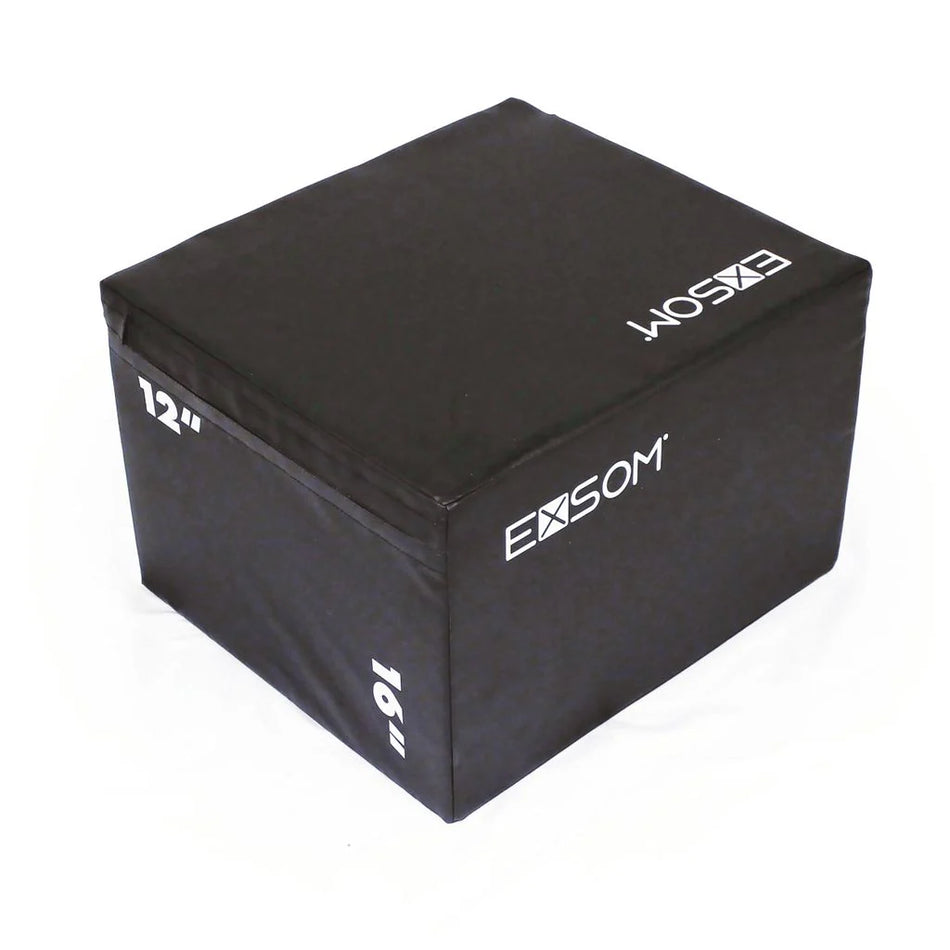 The Exsom Multi Plyobox is a black, rectangular plyobox with "Exsom" on the top and side, featuring 12” and 16” height markings on the edges. Ideal for jump training, it’s shown here on a white surface.