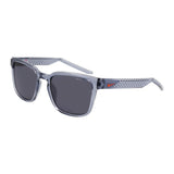 Nike Livefree Iconic Performance Glasses by Nike feature a Black/Grey oversized frame with dark lenses, a textured pattern, orange swoosh logo, sporty modern design, and provide full UVA/UVB protection.