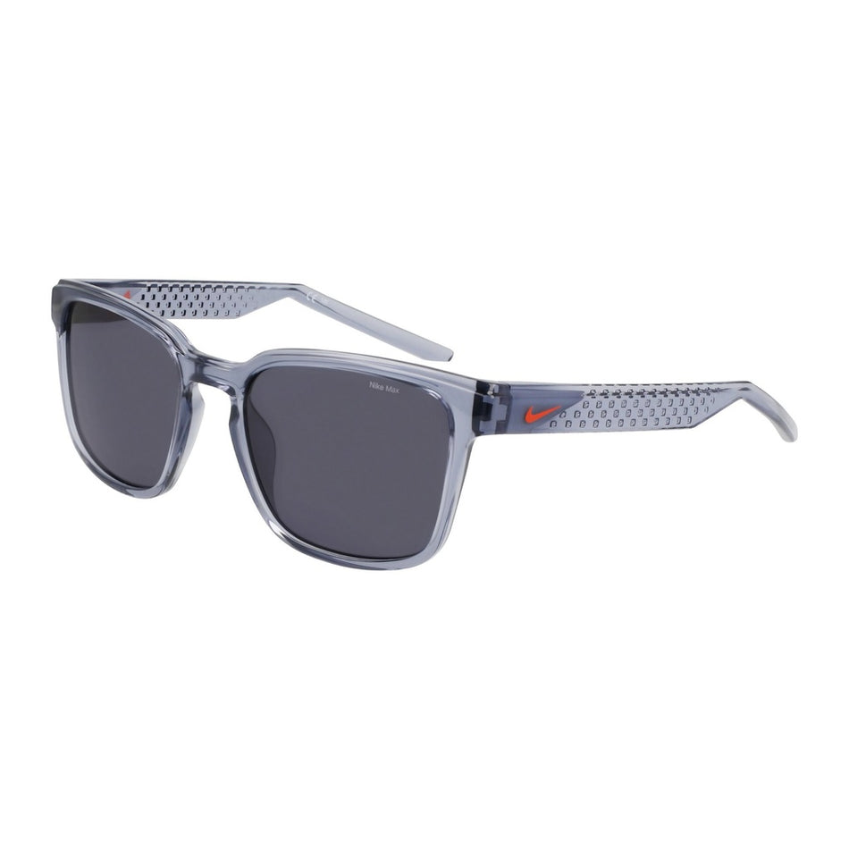 Nike Livefree Iconic Performance Glasses by Nike feature a Black/Grey oversized frame with dark lenses, a textured pattern, orange swoosh logo, sporty modern design, and provide full UVA/UVB protection.