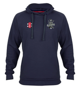 The Gray Nicolls Eastcombe CC Velocity Hoodie is navy blue with a front pocket, crossed bats and East Zone logo on the left chest, plus a small red and white rectangular badge on the right chest.