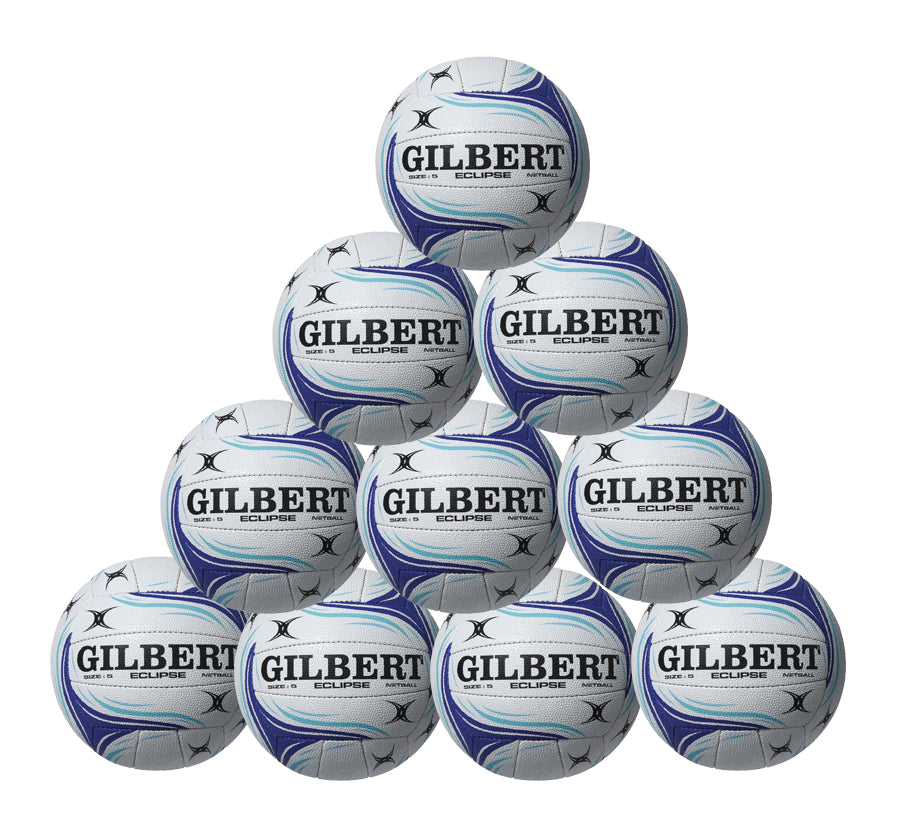 A pyramid stack of ten Gilbert Eclipse Netballs from the Gilbert Eclipse Netball Ten Pack, showcasing blue and black patterns with advanced duragrip technology, on a plain white background.