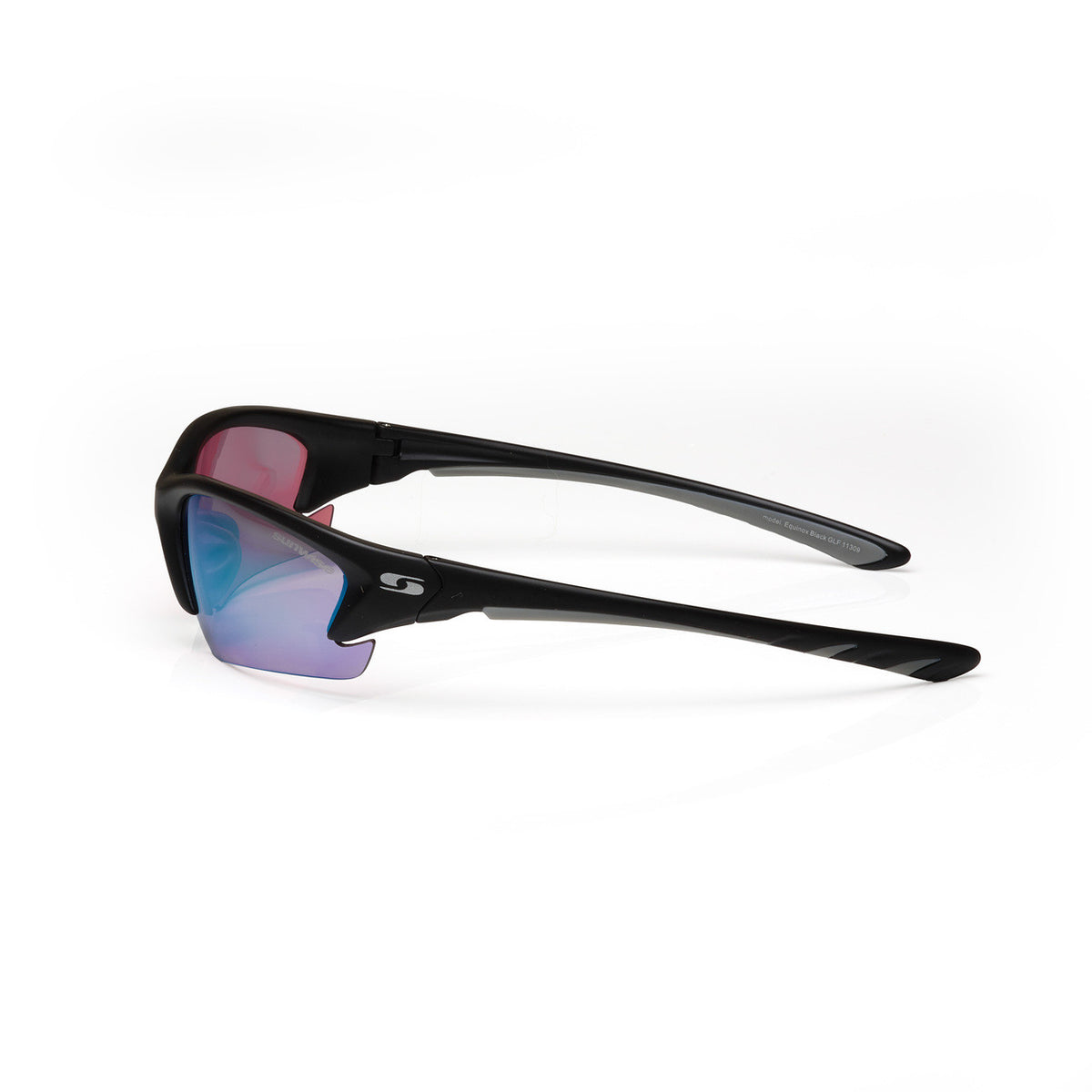 Sunwise Equinox Black sports sunglasses by Sunwise feature a lightweight frame, partially rimless mirrored golf lenses with a blue-to-pink gradient, and a bold S logo on the side. Displayed against a plain white background.